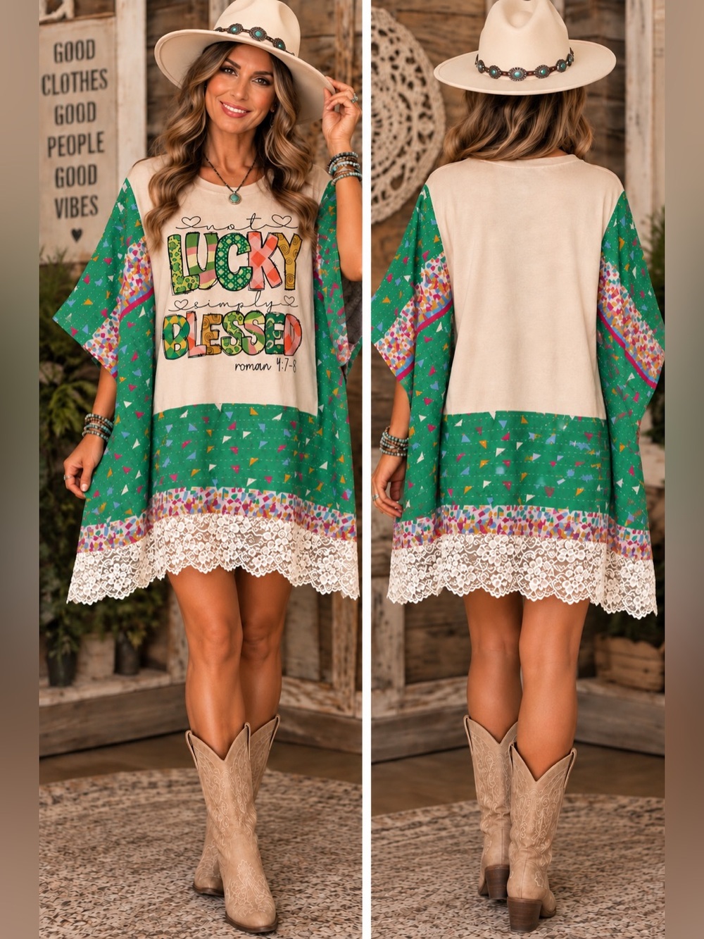 Upcycled Lace-Hem Tunic Top with 'Lucky Blessed' Graphic